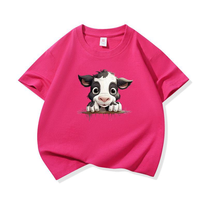 Kids Cotton T Shirt Black And White Cow Peeking Over Land Print Crew Neck Short Sleeve Tee Casual Boys Girls Summer Tops