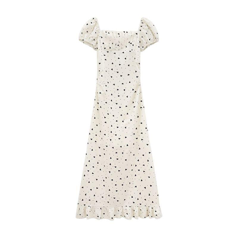 French square neck bubble sleeve dress women's summer new gentle temperament coffee break dress waist and thin long dress