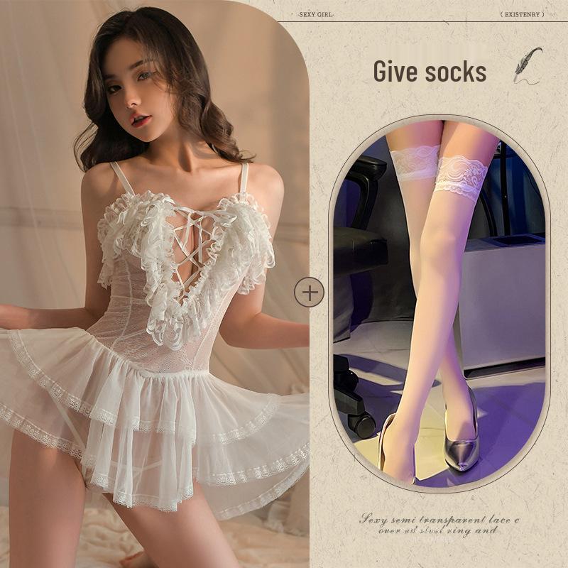 Sexy Lace Suspender Nightgown - Deep V, Temptation, Hollow-Out Thin Strap