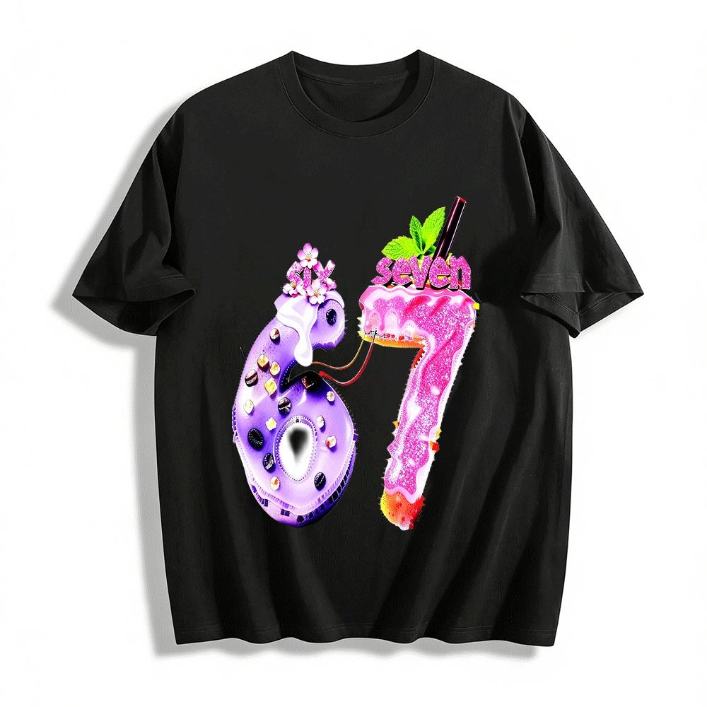 Fun Dessert Number 67 Print Casual Top Pure cotton T-shirt XXS