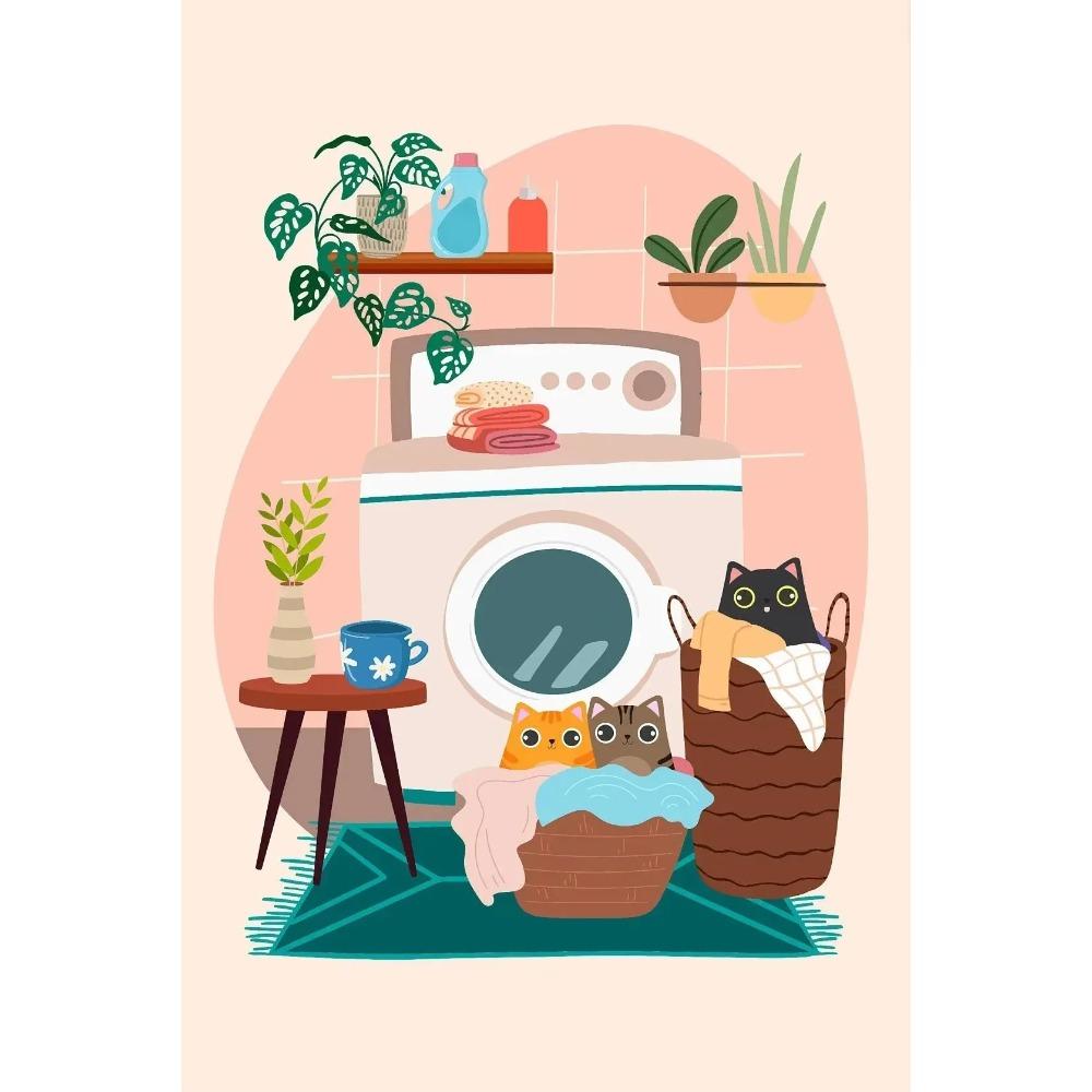 Watercolor Cute Kittens Potted Plant Canvas Print Cartoon Green Plants Animals Wall Art Postes for Modern Living Room Home Decor