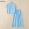 ZANZEA Blusa de Manga Corta para Mujer y Faldas Largas Conjuntos de Traje de Dos Piezas de Verano