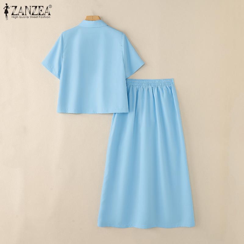 ZANZEA Blusa de Manga Corta para Mujer y Faldas Largas Conjuntos de Traje de Dos Piezas de Verano