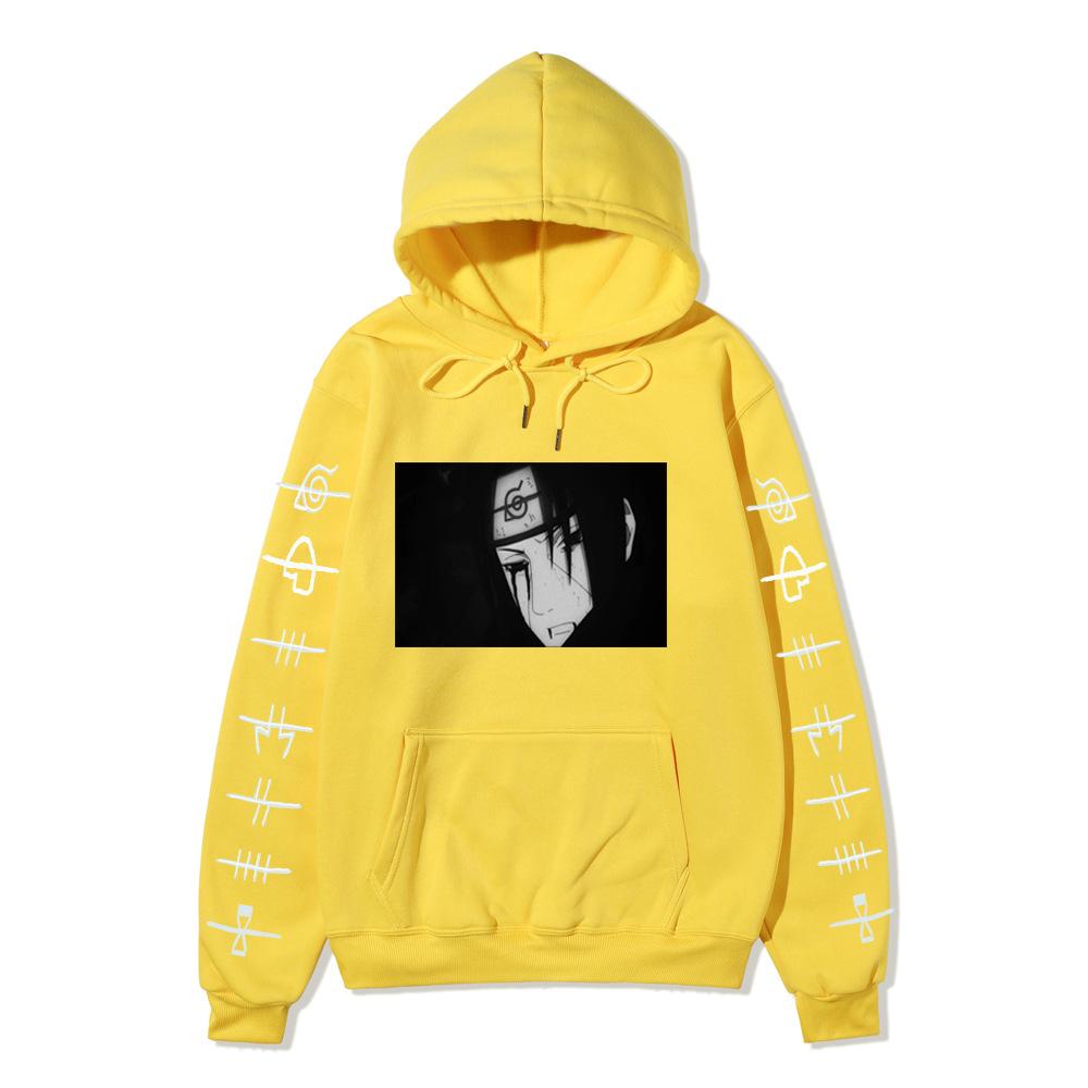 Anime Naruto Itachi Uchiha Hoodie Double Sleeve Symbol Print Character Front Print Pullover Sweatshirt Men Women Streetwear