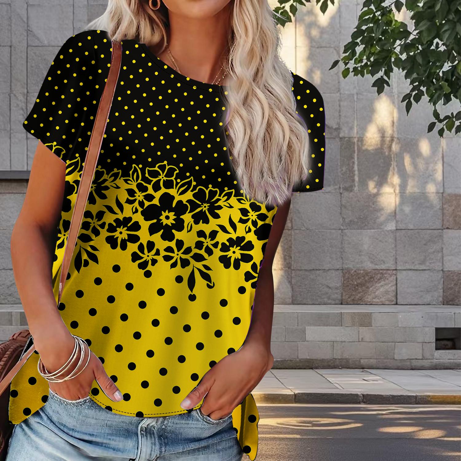 

Женская летняя футболка с принтом в горошек в стиле ретро, футболки с коротким рукавом, повседневные топы с принтом 8XL жёлтый