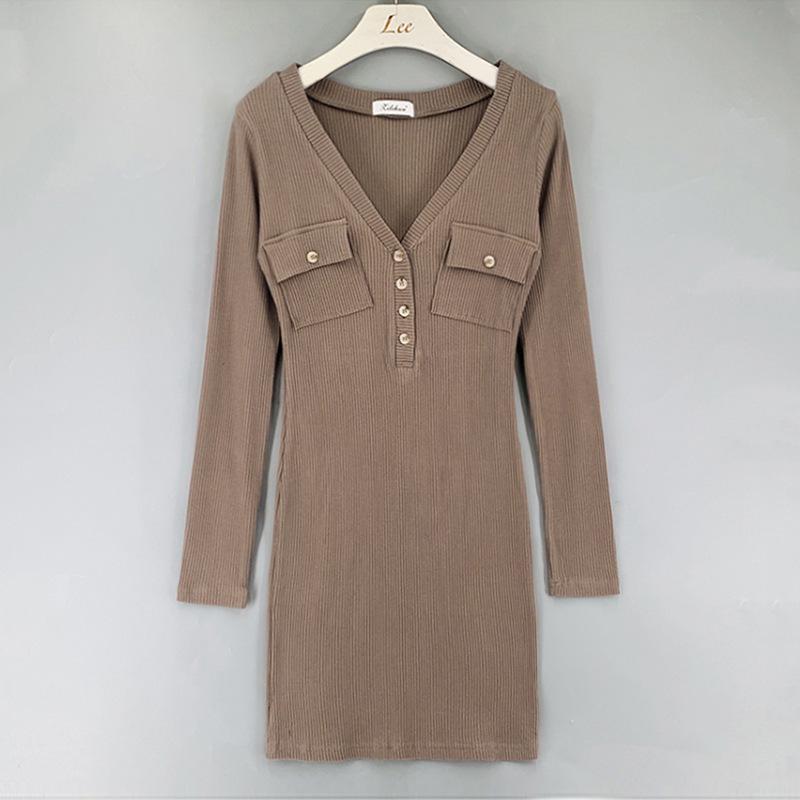 Korean Dongdaemun V-Neck Button-Up Slimming Bodycon Dress for Women One Size