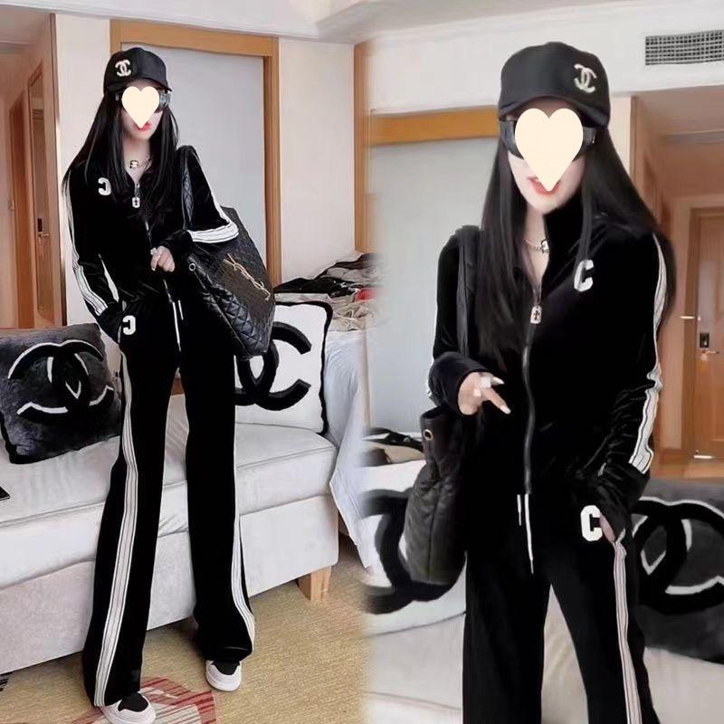 Gold Velvet Casual Sports Suit Women's Spring and Autumn Fashion Jacket Wide-leg Pants Two-piece Set