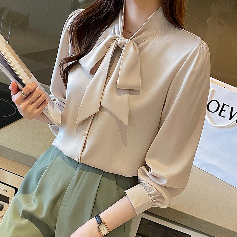 Cămașă albă din șifon cu mânecă lungă și panglică în stil coreean pentru femei, primăvara 2025