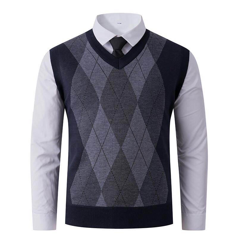 Men's V-Neck Knit Vest - Autumn/Winter Style, Sleeveless Casual Pullover for Middle-Aged and Young Adults