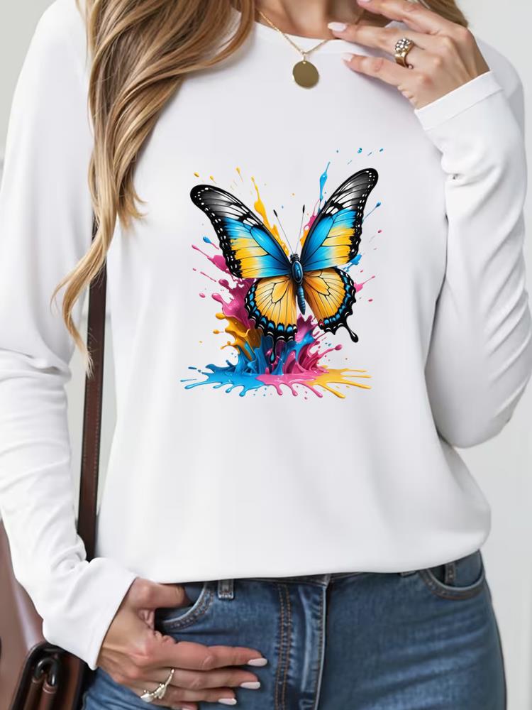 

(Asian Size) sweet butterfly trend 90s T Shirt Tee Lady Printed o-neck Women Female Clothing Casual Fashion Top Long Sleeve Graphic T-shirts S