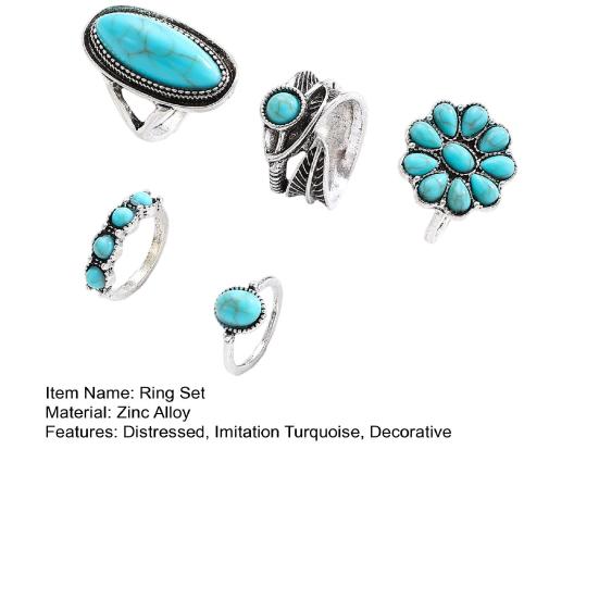Juego de 5 Anillos Color Plata Retro Envejecido Anillos para el Dedo con Turquesa de Imitación Estilo Bohemio Versátil Apilable Joyería para el Dedo Regalo