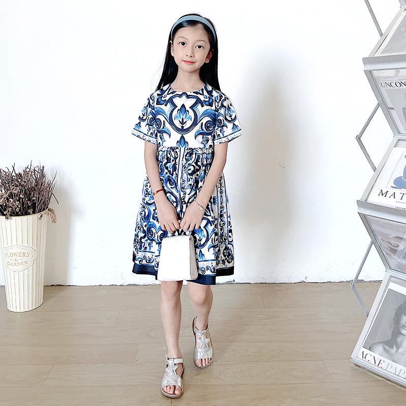 2025 European & American Style Blue & White Porcelain Spaghetti Strap Sleeveless Dress for Girls