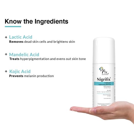 Fixderma Nigrifix Achsel-Roll-on mit 6 % AHA, Milchsäure & 1 % Mandelsäure & Kojisäure | Hellt die Haut auf und peelt die Achseln – 60 ml