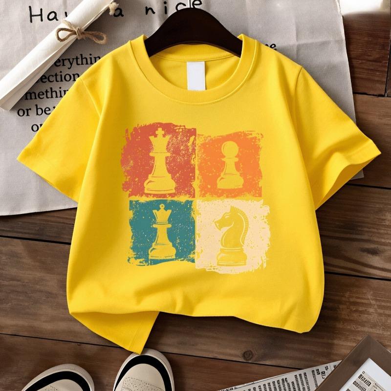 Kids Crew Neck Short Sleeve T-Shirt with Colorful Background & Chess Piece Print