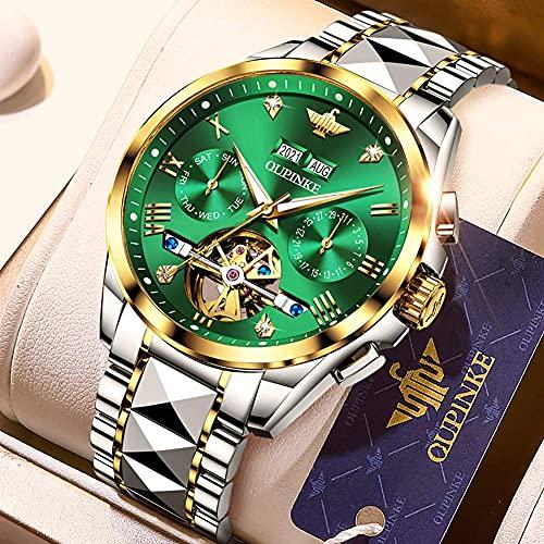 Men's Automatic Watch with Green Dial, Popular Skeleton Design, Sapphire and Tungsten Steel, Waterproof, Date Display, Luminous Green