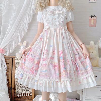 Zoete Lolita Stijl Vierkante Kraag Kat Print Designer Jurk Strik Mouwloos Kant Ruffles Kant Meisjesachtig Camisole Jurk