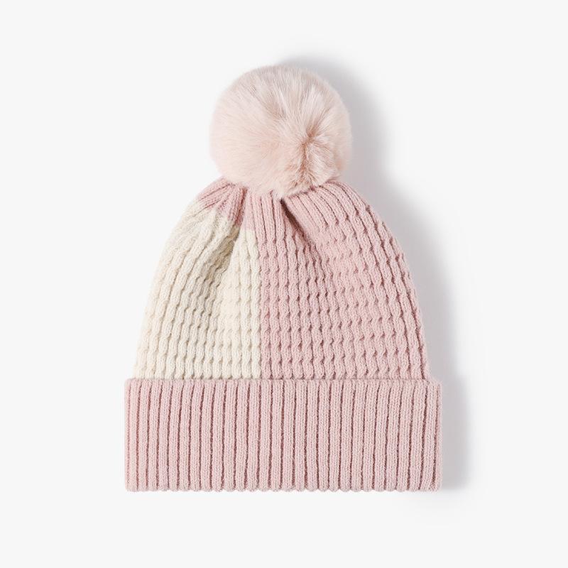 Hat, Female, Autumn and Winter with Fur Ball, Warm and Thickened, Padded Knitted Cap, Fashion Color Blocking, Outdoor Woolen Cap