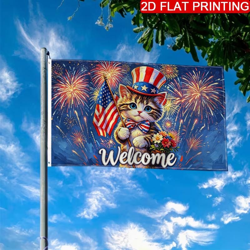 2D Flat, Single Large Flag Patriotic Cat Welcome Mat American Flag Fireworks (2) 2D Flat Print Festival Design, Single-Sided, Two Hanging Rings, Outdo