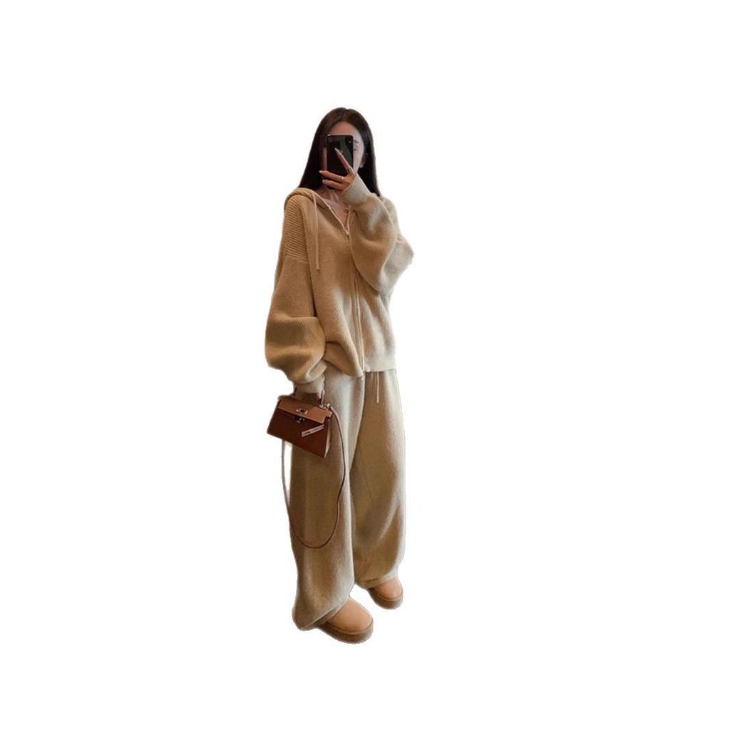 Autumn European Lazy Style Zippered Hooded Cardigan Sweater Set for Women