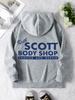 Retro‑print Men Hoodie Front Tiny Workshop‑text Motif, Back Oversized Vintage Distressed Letter Graphic Pullover For Soft Relaxed Casual Street Wear