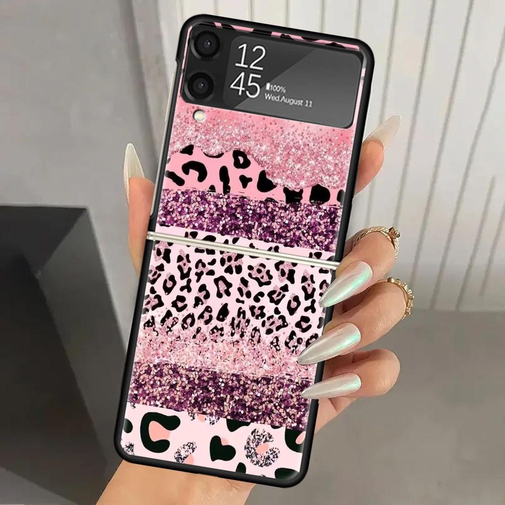 Pink Leopard Print Hard PC Phone Case For Samsung Galaxy Z Flip 7 6 5 4 3 Black ZFlip7 ZFlip6 Flip5 Flip4 Flip3 5G Print Cover