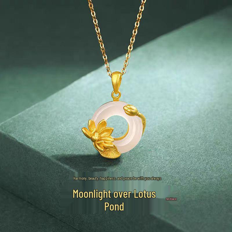 Chinese-Style White Agate Lotus Pendant Necklace - Elegant Gift for Women