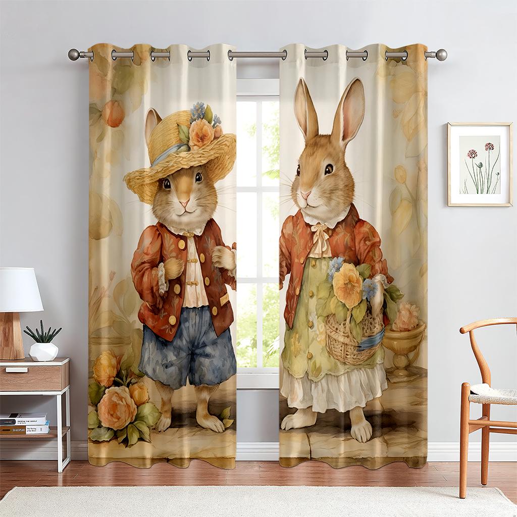 2PCS Cute Bunny Pattern Printed Curtains, Animated Cartoon Easter, Kids Room Rod Pocket Decoration Curtains, Holiday Gifts