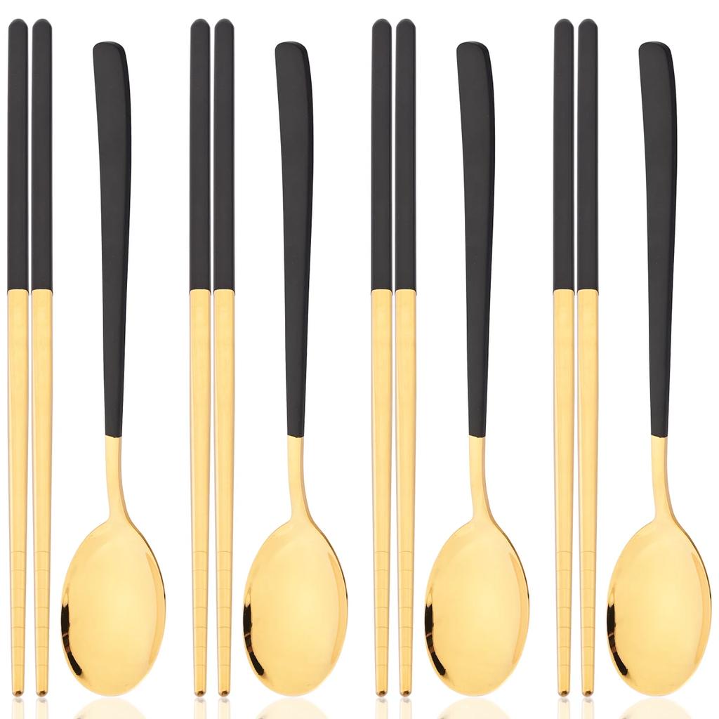 8pcs Gold Stainless Steel Cutlery Set Western Mirror Flatware Set Korean Style Spoon Chopsticks Dinnerware Set Kitchen Tableware