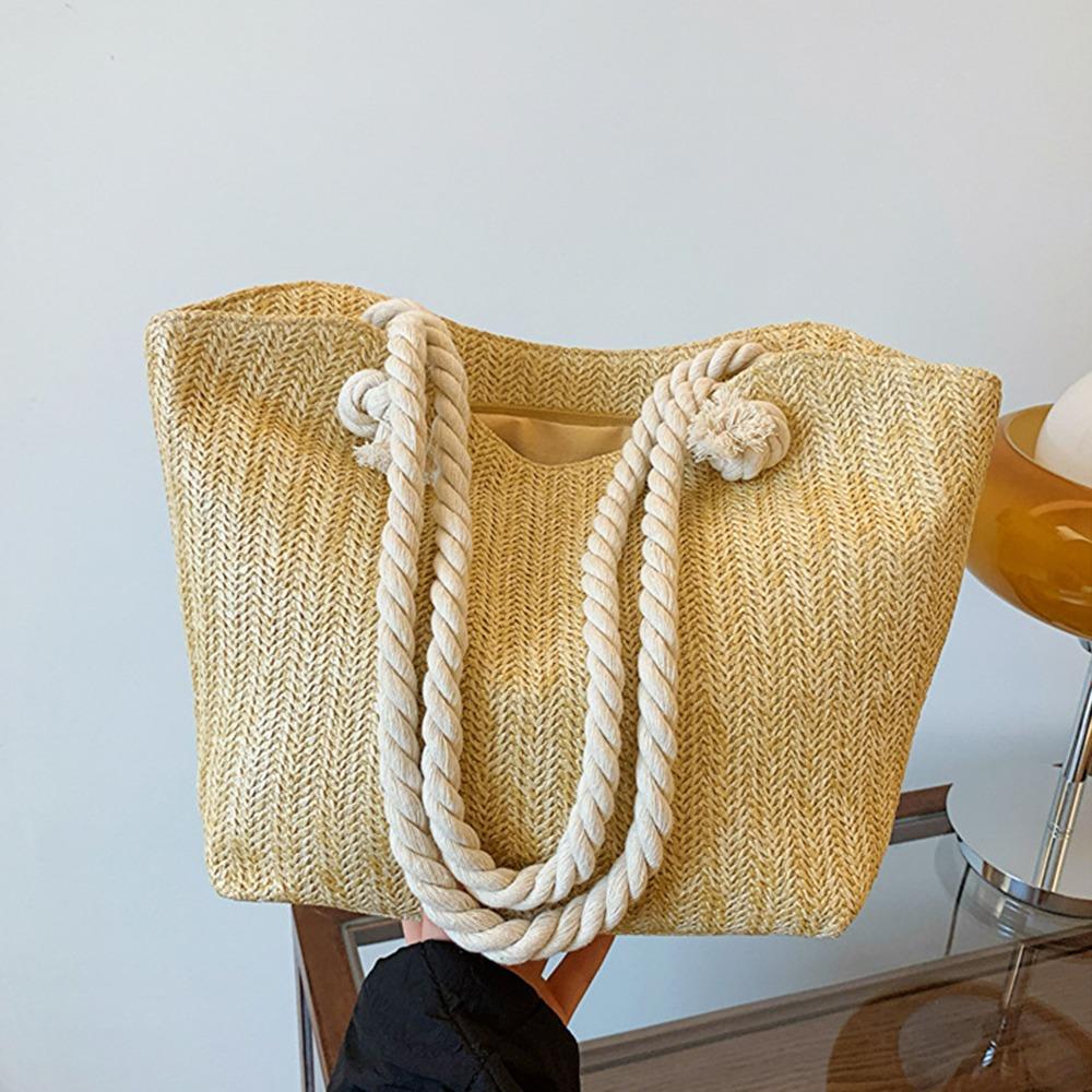 Solid Color Women Straw Tote Bag Bohemian Underarm Shoulder Bag Casual Beach Handbag  Travel