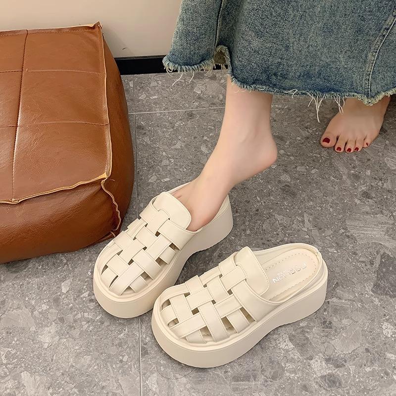 French woven baotou half slippers women's shoes spring and summer 2025 new muffin thick-soled hollowed-out versatile Roman sandals