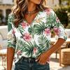 Damen Lässiges Hawaiian-Print-Hemd mit V-Ausschnitt, 3/4-Ärmel, Leichte Sommerbluse, Locker geschnittenes Oberteil für den Alltag