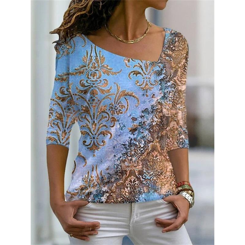 Women's T Shirt Characteristic Diagonal Neck Irregular Flower Digital 3D Print Ladies Wear Fashion Street Harajuku Ladies Tee