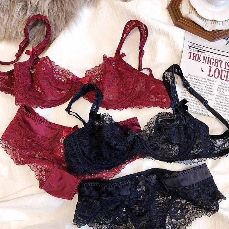 New sexy lace underwear women's big breasts show small and thin upper support anti-sagging breathable bra cover set