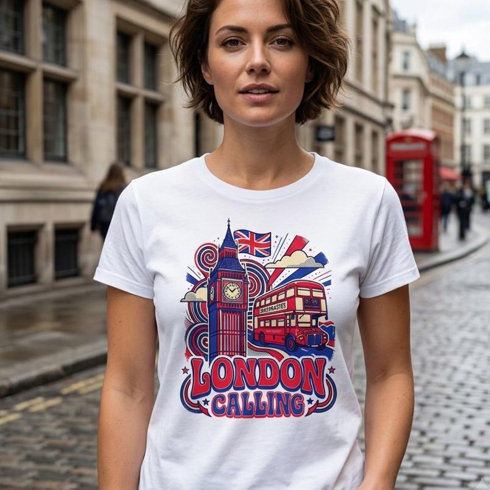London Calling Graphic Tee | Big Ben, Union Jack, Double Decker Bus UK Souvenir XL