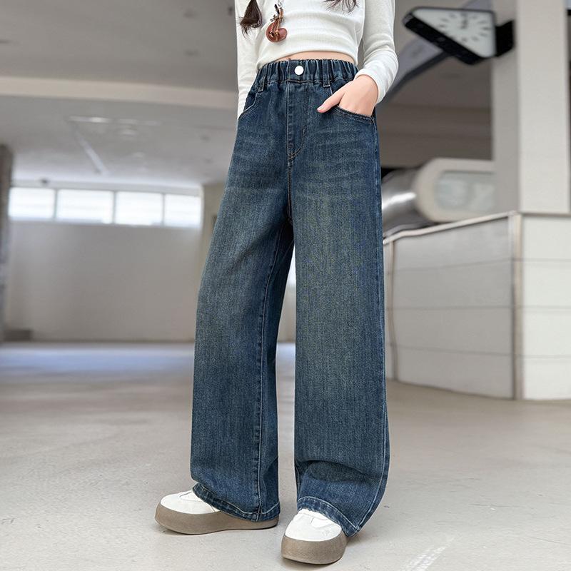 Big Girls' Stylish Straight-Leg Wide-Leg Jeans - Korean Style, 2025 Collection