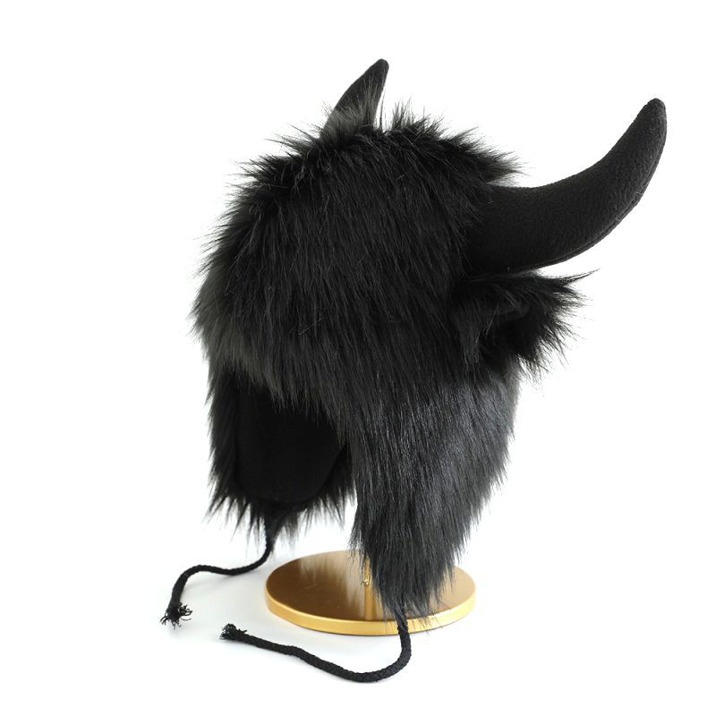 Mei Funny Bull Head Plush Lei Feng Hat, Women's Winter Warm Ear Protection, Windproof and Cold Riding Bull Devil King Hat