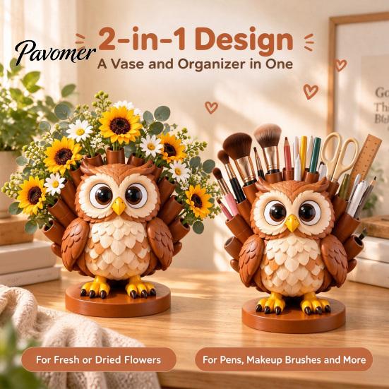 Whimsical Room Accessories Cartoon Animal Flower Vase, Desktop Storage Ornament with Highland Cow/Owl//Peacock/Hedgehog Design, Functional Tabletop