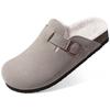 Fashion Kidmi Women's Slippers with Adjustable Metal Buckle Fashion Fur Lined Suede Clogs Cork Footbed Mules Slip On Winter Potato Shoes