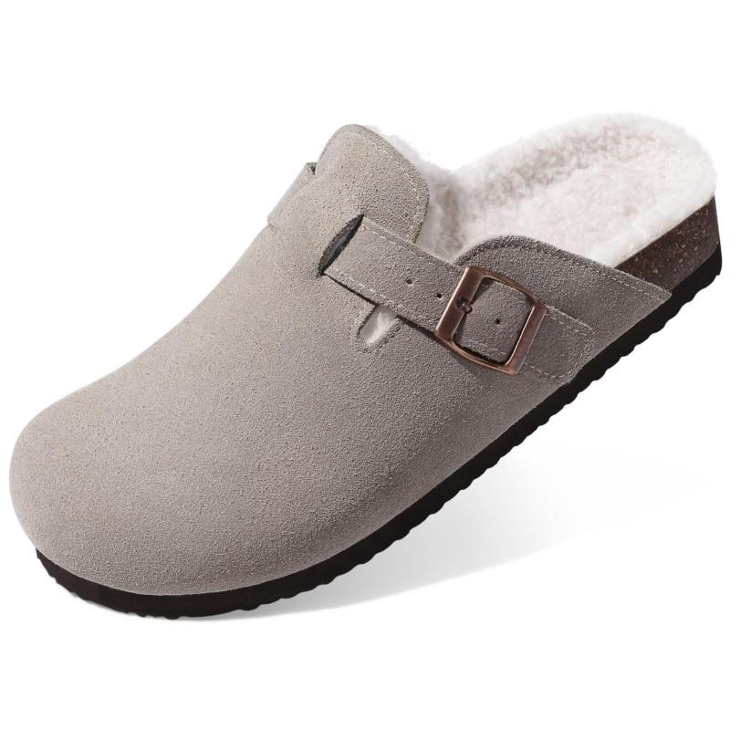 Fashion Kidmi Women's Slippers with Adjustable Metal Buckle Fashion Fur Lined Suede Clogs Cork Footbed Mules Slip On Winter Potato Shoes