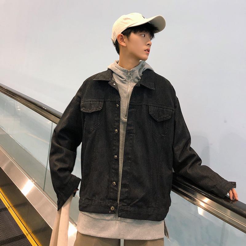 Men's Trendy Korean Style Loose Denim Jacket - Long Sleeve, Solid Color, Hip Hop Youth Student Fashion