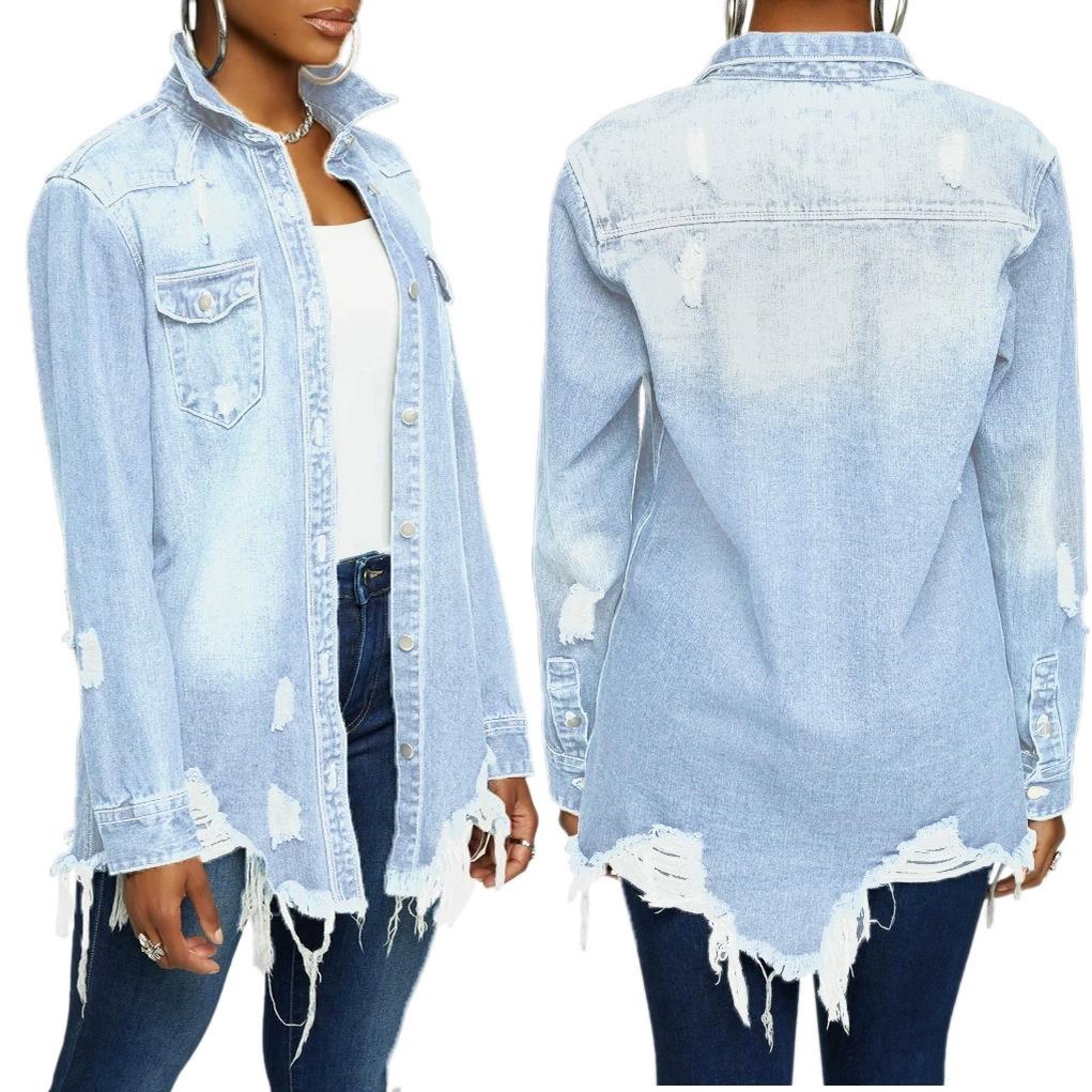 Women Jeans Jackets Spring Summer Ripped Denim Vintage Casual Denim Jacket Long Sleeve Female Chic Coat Streetwear 2026