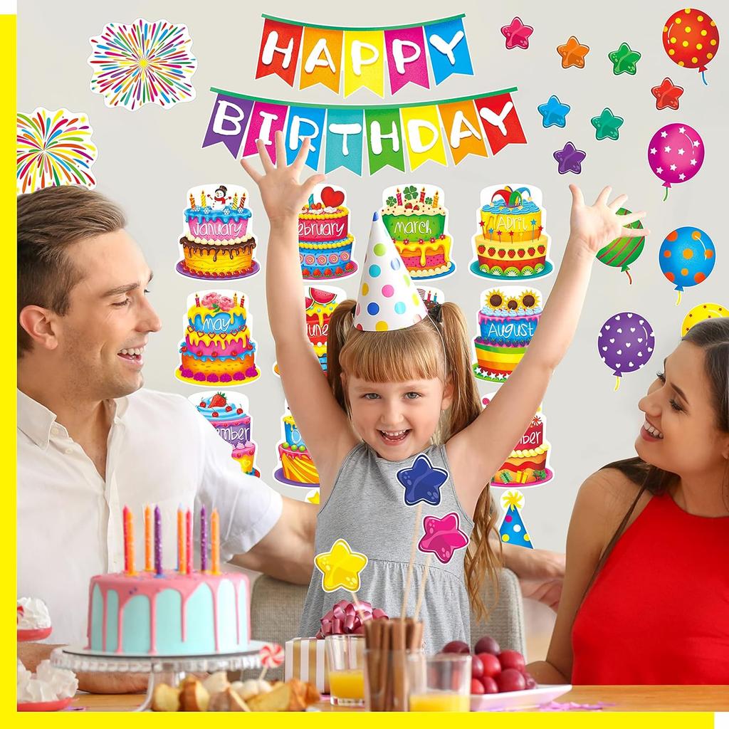 39 PCS Happy Birthday Bulletin Board Set, Colorful Birthday Decoration Cakes, Stars, Firework, Balloon, Party Hats Cut-Outs Classroom Decorations