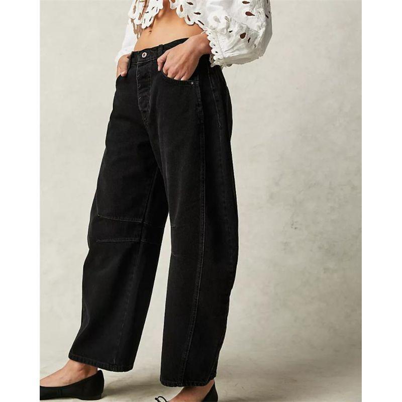 

Европейский и американский досуг Свободные широкие прямые джинсы из денима Женские повседневные джинсы Джинсовые брюки Женские Black S
