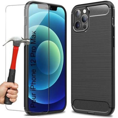Protective Case - BOOLING - for iPhone 12 Pro Max - Flexible - Carbon Fiber Black - Set of 2 Tempered Glass