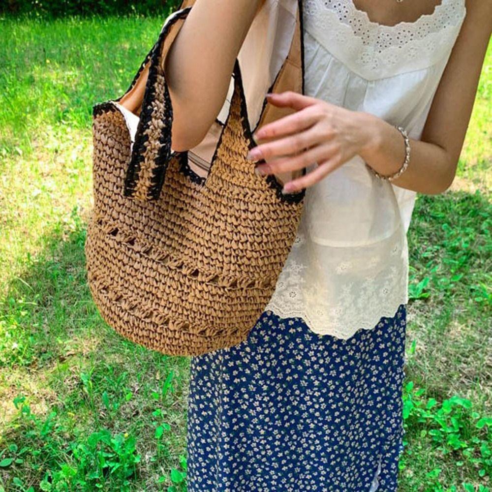 

Fashion Weave Tote Bag Large Capacity Summer Beach Handbag Sweet Grass Woven Bag Girls хакі