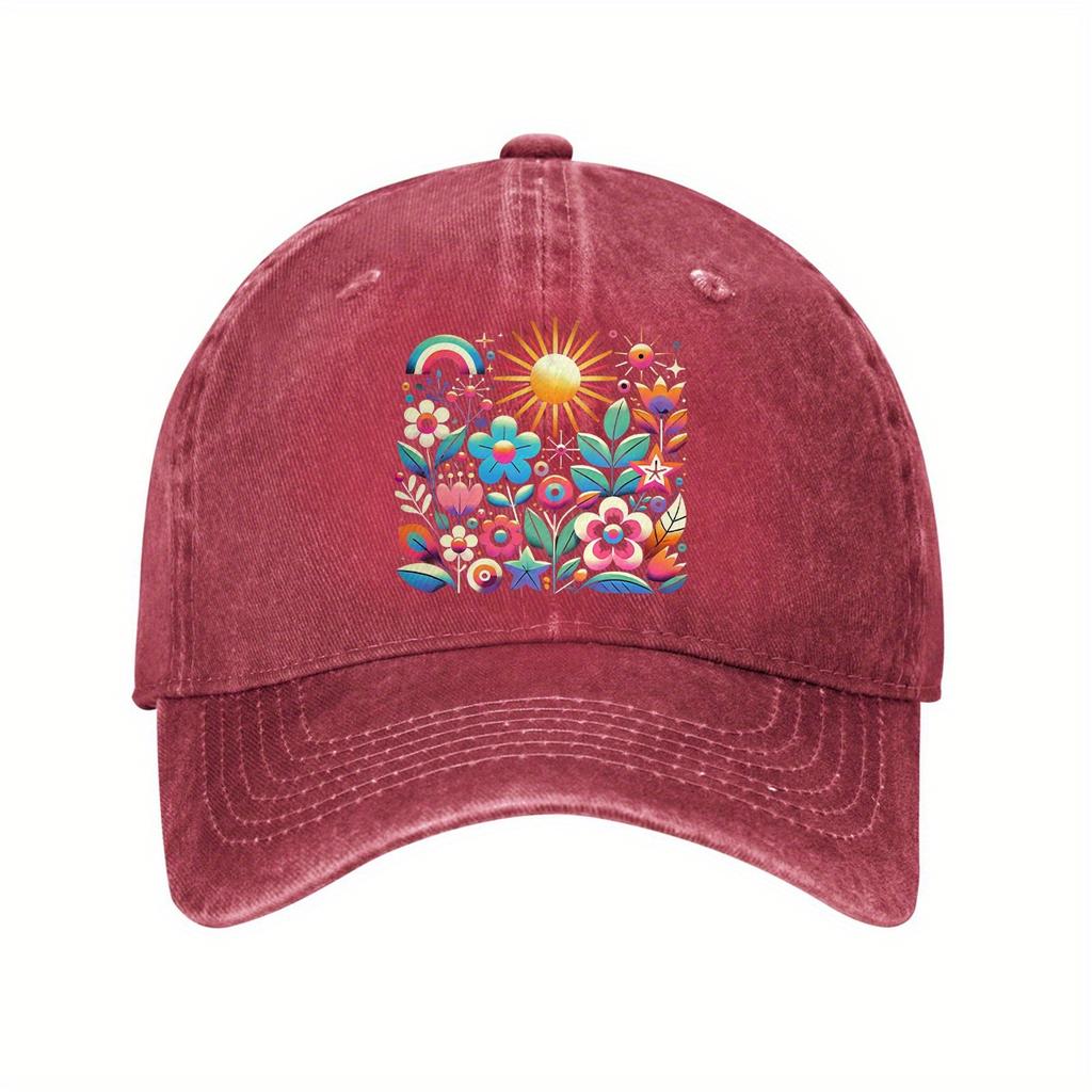 Vibrant Floral Sun Rainbow Baseball Cap Unisex Casual Denim Wash Outdoor Adjustable Adult Dad Hat