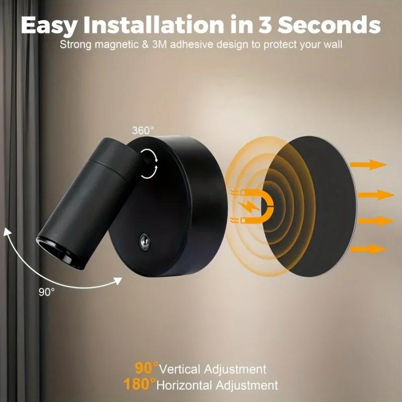 Magnetic Base USB Rechargeable LED Cordless Wall Light with Touch Switch Black White Magnet Dimmable Bedside Lamp for Reading