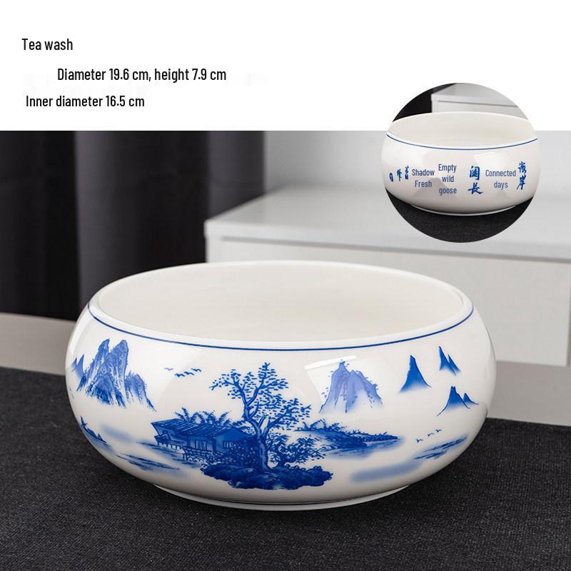 Large Chinese Style Blue and White Porcelain Tea Wash Basin and Cup Washer with Lan Ting Xu Calligraphy - Retro Ceramic Brush Washer