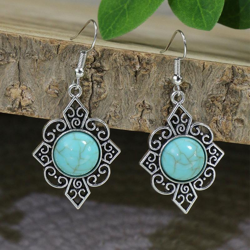 GemChic Women's New Vintage Ethnic Turquoise Geometric Carve Flower Pendant Necklace Earrings Two Piece Set Fashion Birthday Christmas Jewelry Gift
