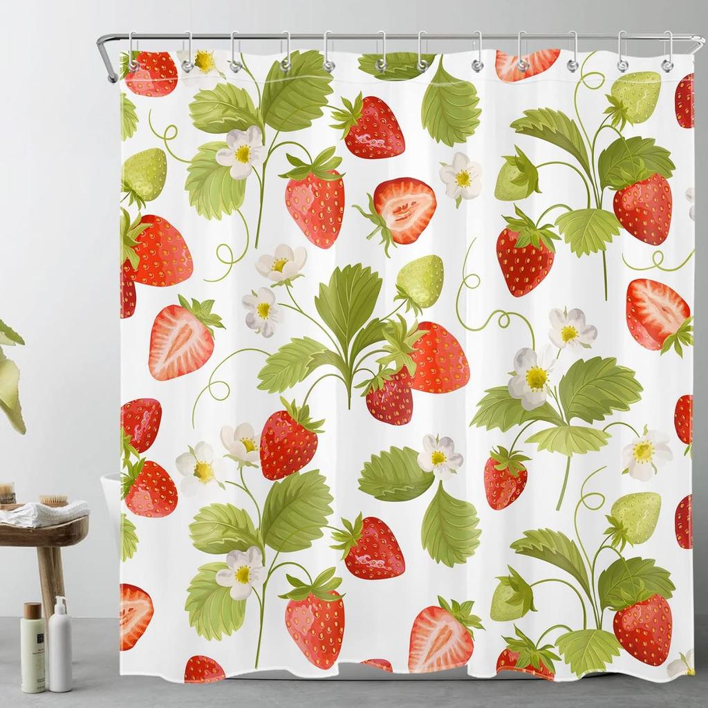 Red Strawberry Shower Curtain for Bathroom Nature Fruit and White Floral Green Leaf Plant Bathroom Shower Curtains with Hooks, Spring Country